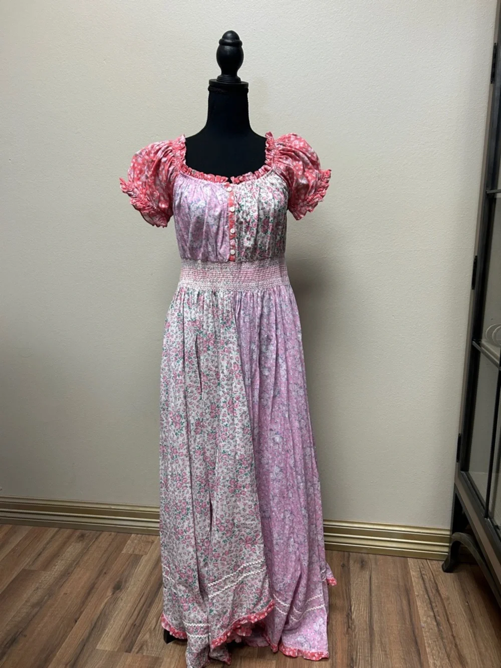 LoveShackFancy Pink Floral Maxi Dress with Coral Puff Sleeves - Picture 2 of 5